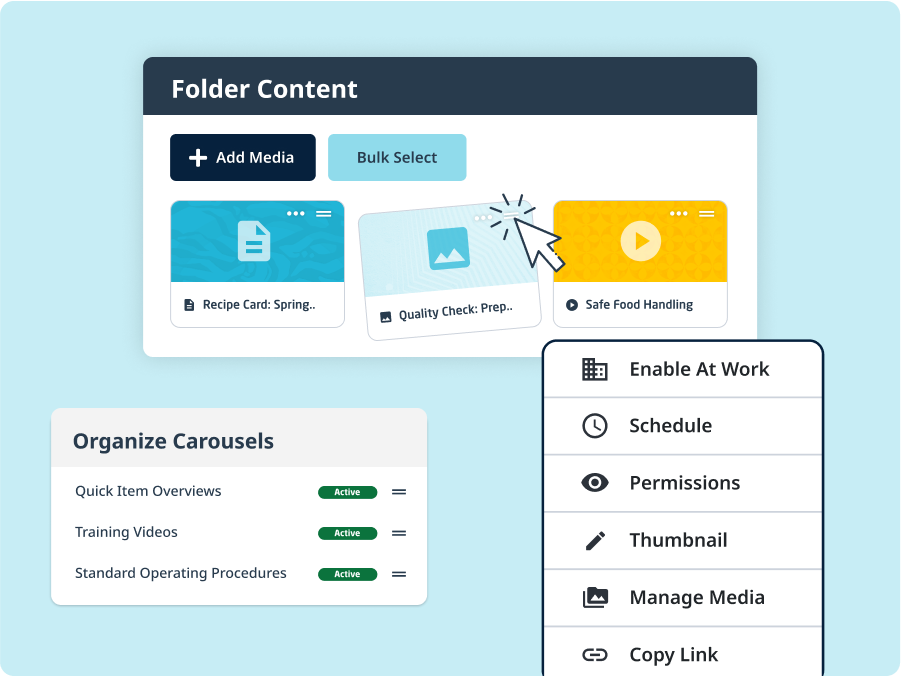 A digital interface, Wisetail Drive CMS, displays folder content with media files, organization options, and a sidebar menu for enabling, managing, and sharing media.