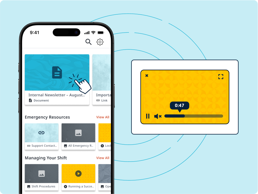 An illustration showing a smartphone displaying an internal newsletter and a video player in a popup window with a playback timer. Wisetail Drive