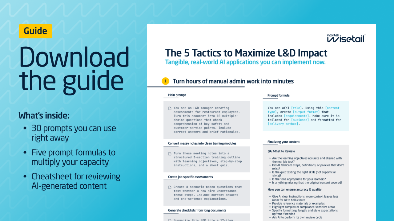 Infographic titled 'Download the Guide: The 5 Tactics to Maximize L&D Impact' on a blue background. Lists benefits like prompts for AI use and content review tips.