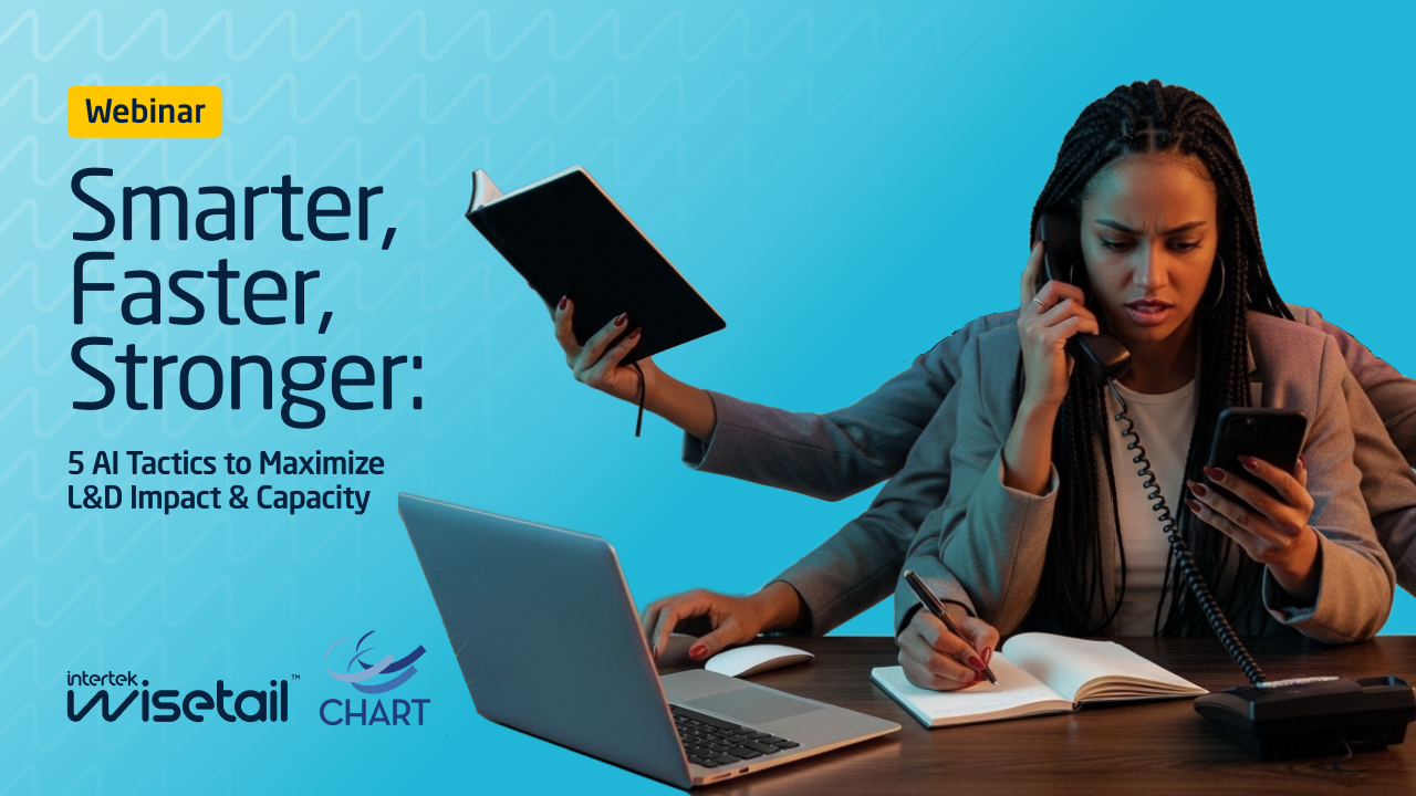 A businesswoman multitasks, holding a phone, book, and smartphone, with a laptop nearby. Text reads, “Webinar: Smarter, Faster, Stronger: 5 AI Tactics.”