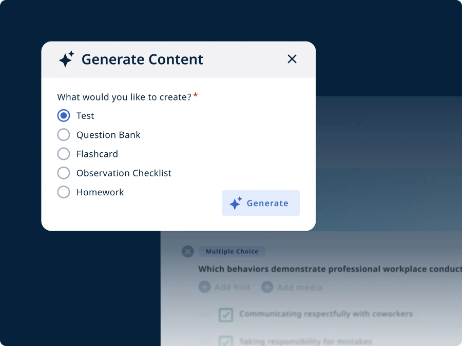 "Popup menu titled 'Generate Content' with options: Test, Question Bank, Flashcard, Observation Checklist, Homework. 'Test' is selected. Blue 'Generate' button below."