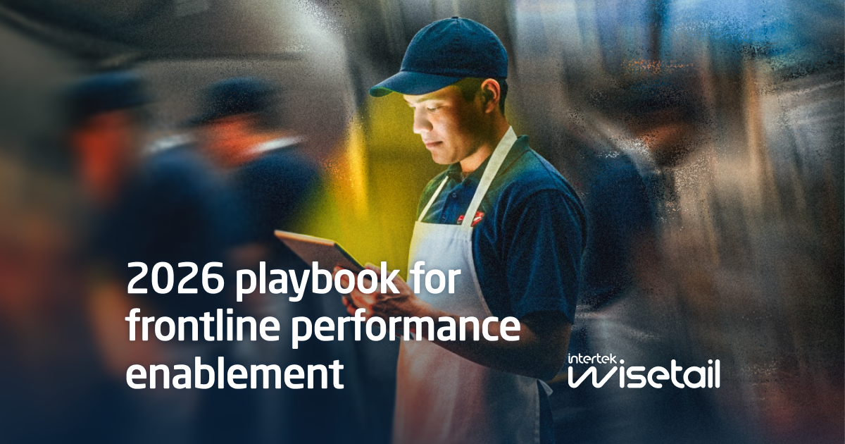 A focused worker in a cap and apron stands holding a tablet in a bustling, blurred environment. Text reads “2026 playbook for frontline performance enablement.” The atmosphere suggests dedication and efficiency.
