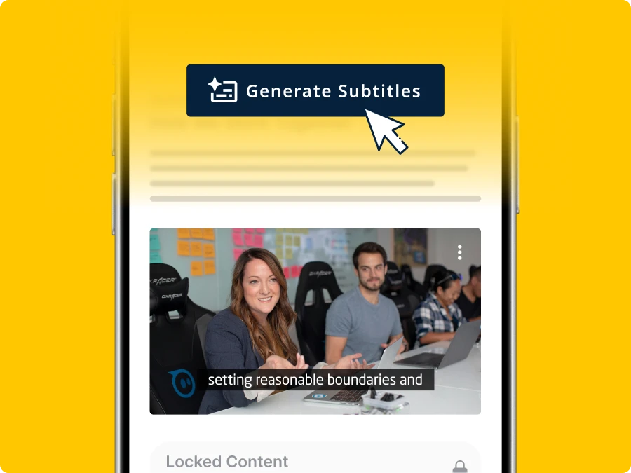 A screen displays a video thumbnail featuring a smiling woman and two men in an office, with a "Generate Subtitles" button above. The atmosphere is professional.