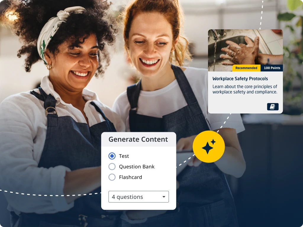 Two women in aprons smile while looking at a tablet. An overlay shows "Generate Content" options and a card about workplace safety protocols.