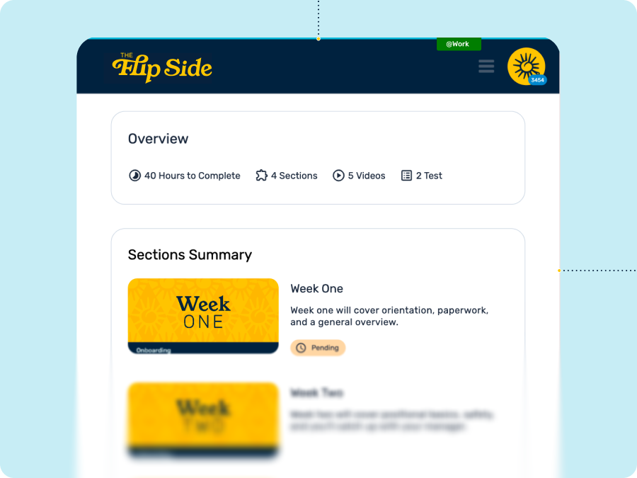 Wisetail LMS screen branded as "The Flip Side" showing a course overview: 40 hours, 4 sections, 5 videos, 2 tests. Week One onboarding module marked Pending.