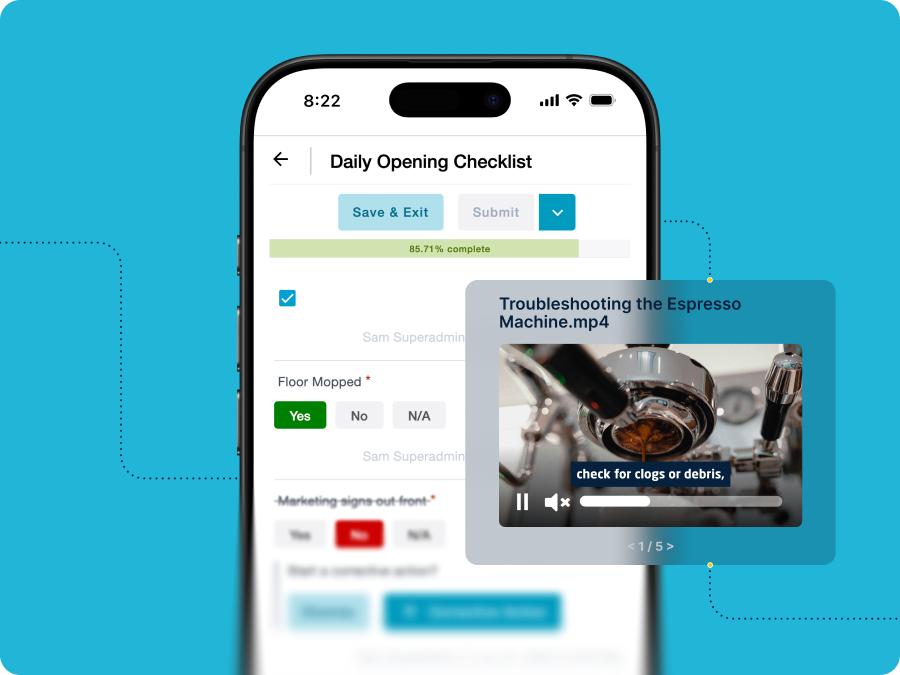 Mobile screen showing a Daily Opening Checklist at 85.71% complete, with a pop-up video titled: "Troubleshooting the Espresso Machine" with captions in the video.