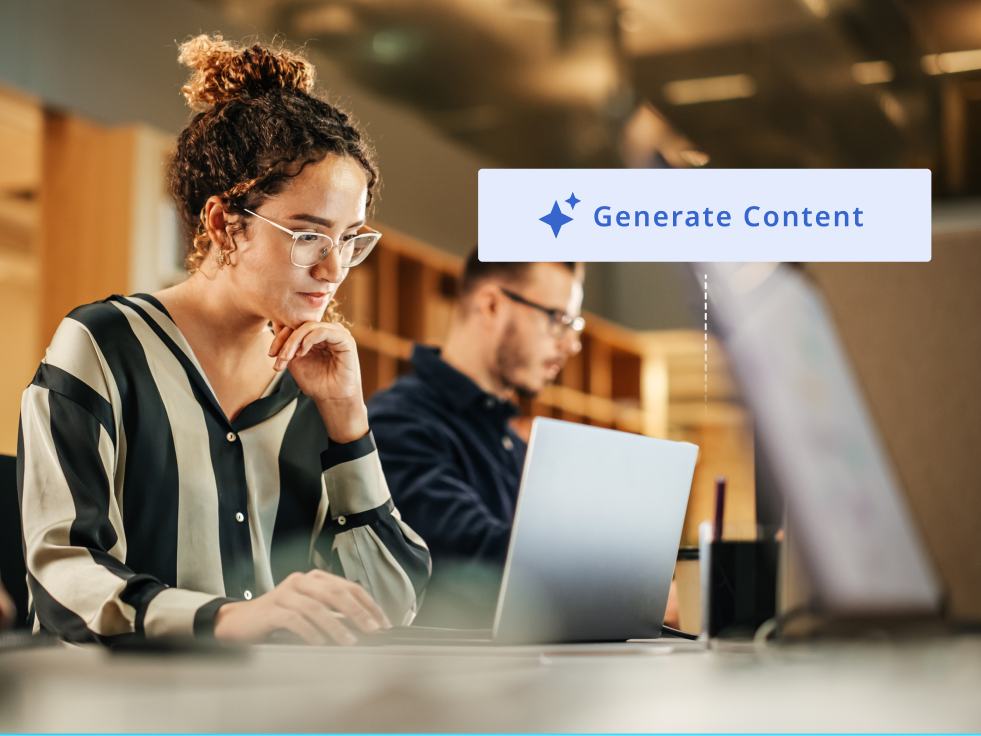 WT-Brand_Enablement-Consideration-AI Admin-4 An L&D professional reviews content on a laptop, with a "Generate Content" AI prompt overlaid, illustrating Wisetail's AI-powered course creation for administrators.
