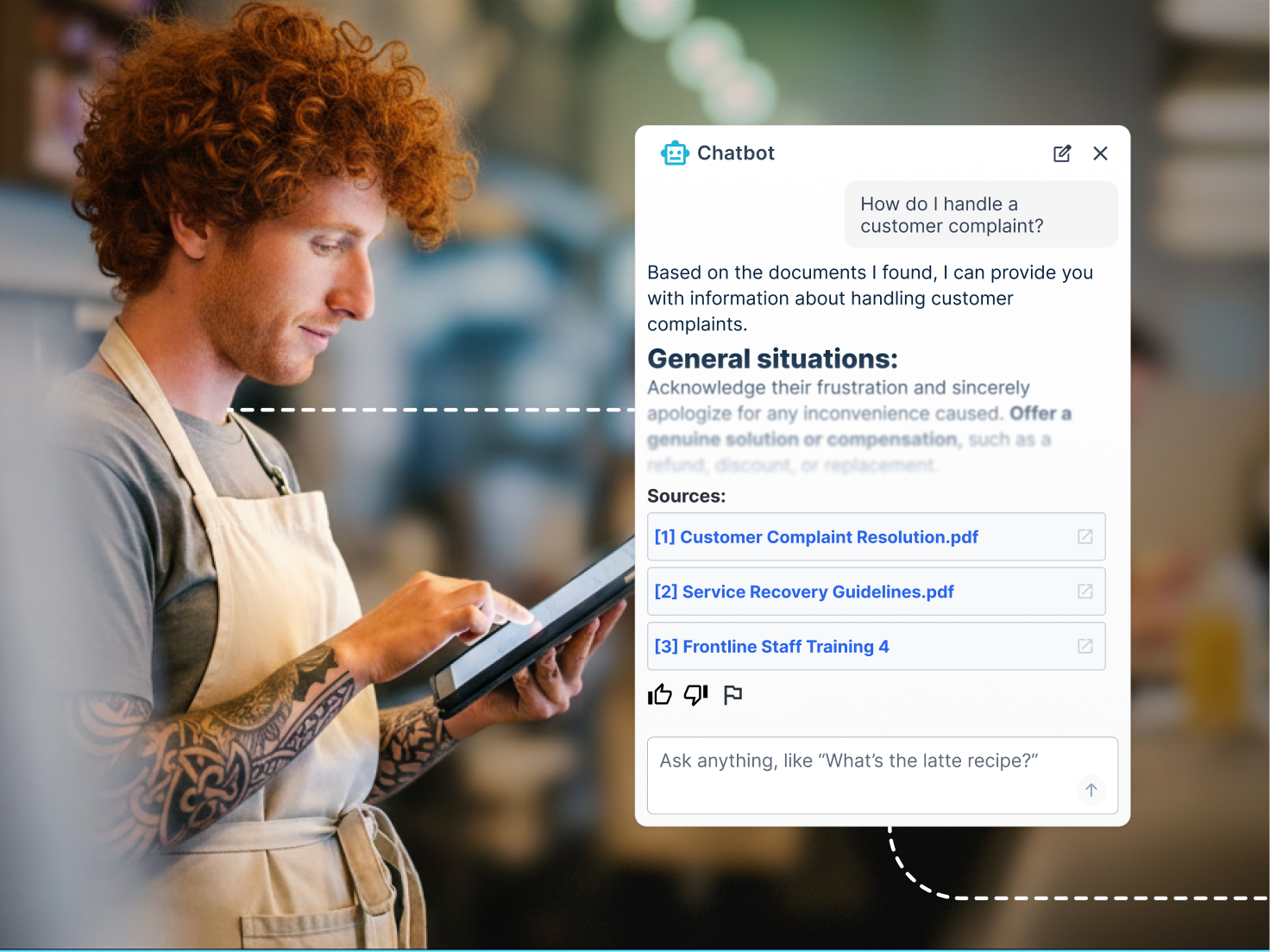 WT-Brand_Enablement-Consideration-Chatbot-2 A restaurant worker in an apron uses a tablet while a Wisetail AI chatbot interface displays an answer to "How do I handle a customer complaint?" with sourced documents listed below.