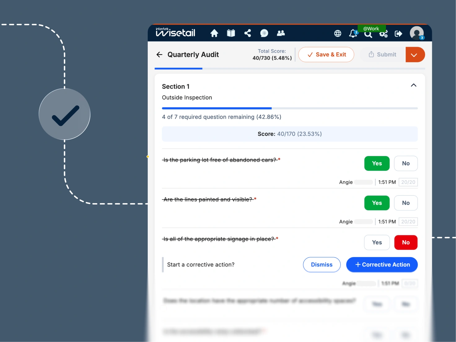 WT-Brand_Enablement-Consideration-Checklist-3_Grey The Wisetail platform displays a Quarterly Audit checklist with scored sections, yes/no responses, and a corrective action prompt, showing structured operational guidance in action.