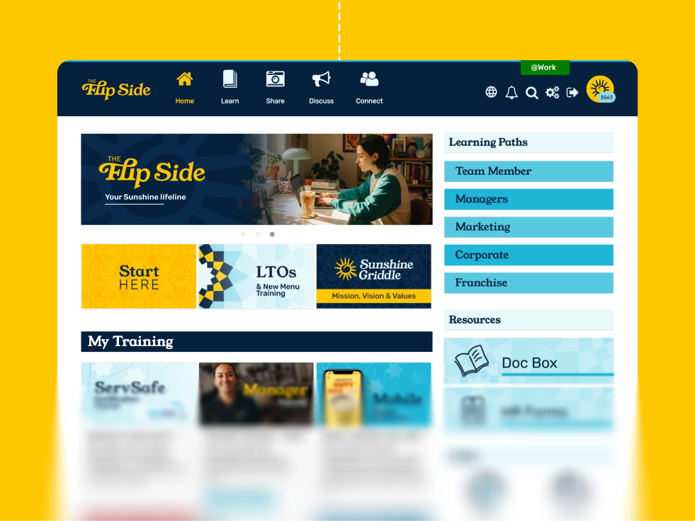 WT-Brand_Enablement-Consideration-Full LMS-5 The Flip Side branded Wisetail homepage displays personalized learning paths, LTO training, and resources organized by role, showing a fully configured frontline enablement platform.