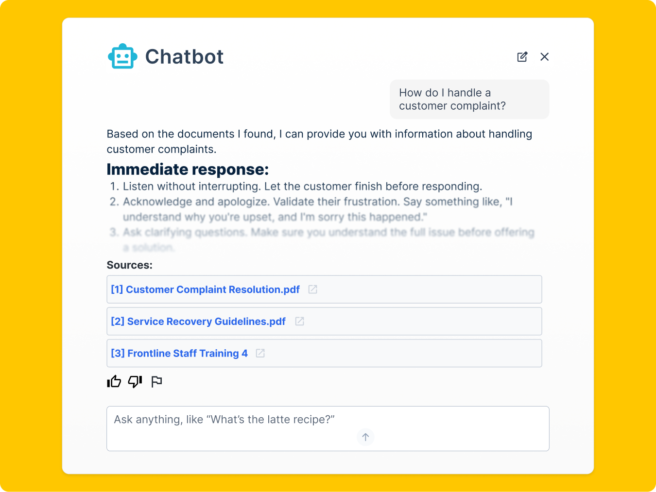 WT_AI-5_Chatbot-Content-Web_2026 Chatbot interface on a yellow background addressing customer complaints.