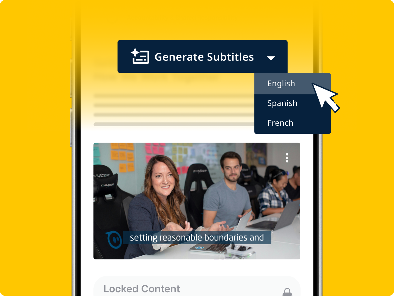 WT_AI-2.1_Subtitles Content-Web_2026 A mobile device showing a phone and anonymized text surrounding it, with a button overlay with the text "Generate Subtitles". Next to the Generate button, there is a dropdown with multi-language select for English, Spanish, and French.