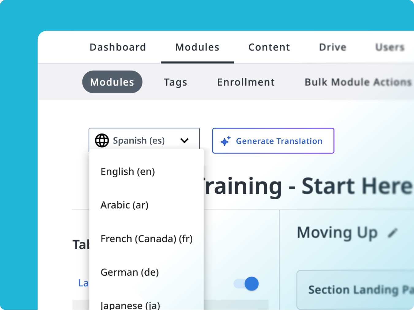 WT_AI-6_Translations-Content-Web_2026 Screenshot of the Wisetail Admin tool with the Modules tab open, Spanish language menu expanded, translation button, and “Moving Up” training content.